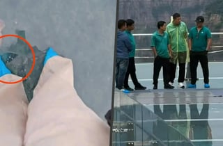 우산에 부딪혀 금 간 중국 허난성 '세계 최대 유리 전망대'…사람도 불안 불안