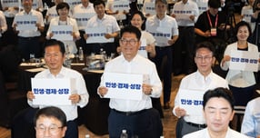 (서울=뉴스1) 유승관 기자 = 정청래 전 더불어민주당 대표와 송영길 전 대표, 김민석 전 총리를 비롯한 참석자들이 3일 서울 용산구 서울드래곤시티에서 열린 22대 후반기 국회 대비 더불어민주당 국회의원 워크숍에서 손팻말을 들고 구호를 외치고 있다. 2026.7.3/뉴스1  Copyright © 뉴스1. All rights reserved. 무단 전재 및 재배포,  AI학습 이용 금지. /사진=(서울=뉴스1) 유승관 기자