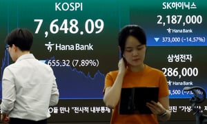  2일 오후 서울 중구 하나은행 본점 딜링룸 전광판에 전날보다 7.9% 폭락한 코스피 종가가 표시돼 있다. / 사진 = 뉴스