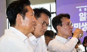   더불어민주당 당권주자인 정청래, 송영길, 김민석(왼쪽부터) 의원이 3일 서울 용산구 서울드래곤시티에서 열린 22대 후반기 국회 대비 의원 워크숍에 참석해 나란히 앉아 있다./사진=뉴스
