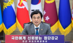  안규백 국방부 장관이 1일 오전 서울 용산구 국방부 대회의실에서 열린 2026년 전반기 전군주요지휘관회의에서 모두발언을 하고 있다. /사진=뉴스