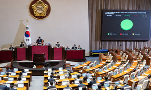 21일 국회 본회의에서 더불어민주당 주도로 2차 종합특검 연장법안이 가결되고 있다. 국민의힘은 표결에 불참했다. /사진=뉴스