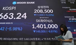  29일 서울 중구 우리은행 본점 딜링룸 전광판에 전날보다 5.98% 내린 코스피 종가가 표시돼 있다. 이날 코스피는 장중 5262.77까지 밀려 사상 최고점을 찍었던 6월 19일의 9,385.59에 비해 44%나 하락했다. / 사진=뉴스