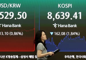 지난 4일 오후 서울 중구 하나은행 본점 딜링룸 전광판에 원·달러 환율과 주식시장의 마감 시황이 표시되고 있다. 사진=뉴시스