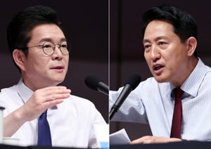 지상파 3사 서울시장 출구조사에서 18~29세 여성은 정원오 더불어민주당 후보(왼쪽) 48.5%, 오세훈 국민의힘 후보(오른쪽) 41.4%를 지지했다. 4년 전 같은 연령대 여성은 송영길 민주당 후보의 지지율은 67.0%였다. 서울 30대 여성에서 오 후보 지지율은 53.6%로, 정 후보(42.8%)를 앞섰다. 20~30대 남성은 모두 오 후보를 더 많이 지지했다. 사진은 지난 5월20일 관훈클럽 초청 토론회 모습. / 사진=뉴스