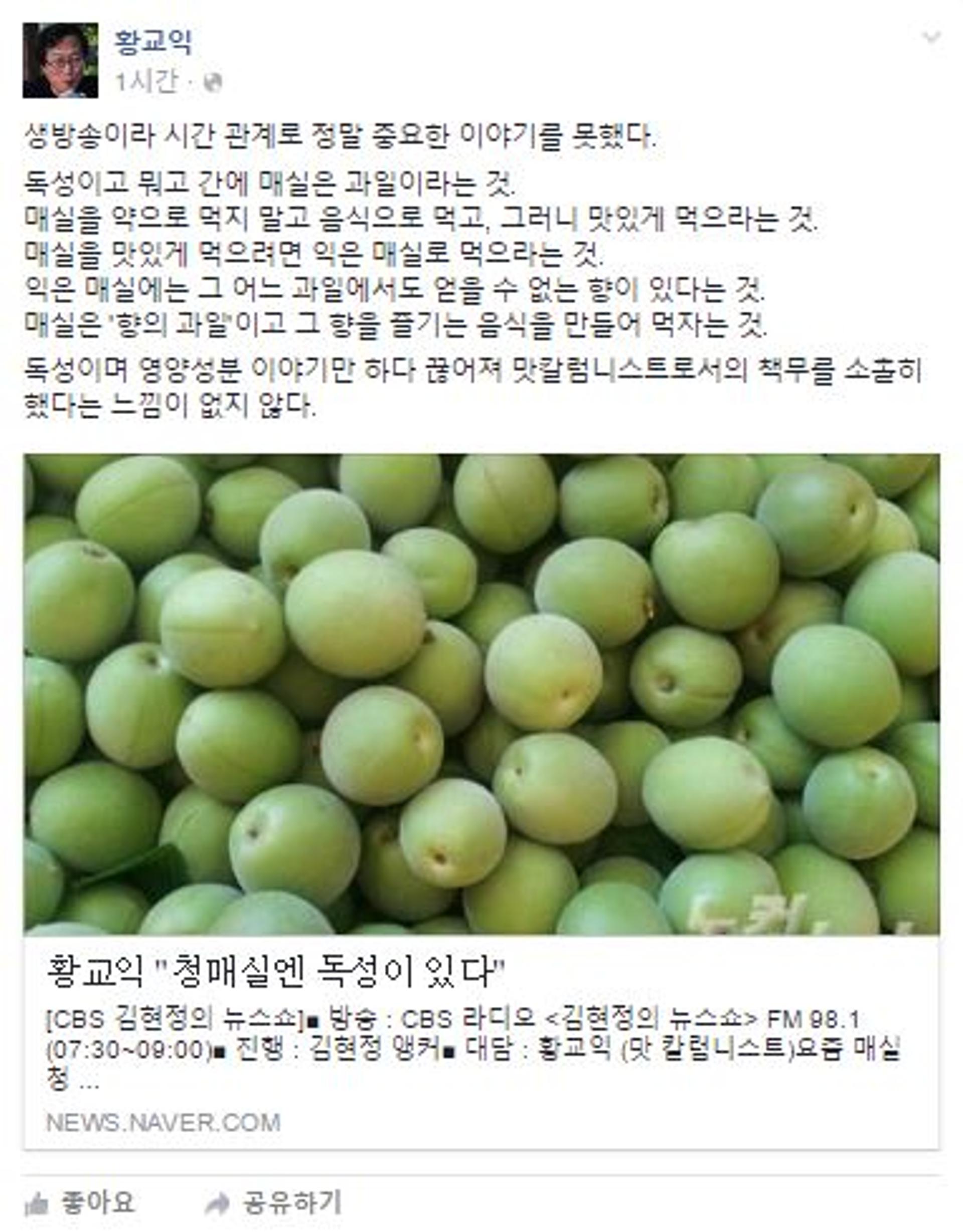 "청매실 독성" 황교익, 못다한 이야기 SNS에 올렸다