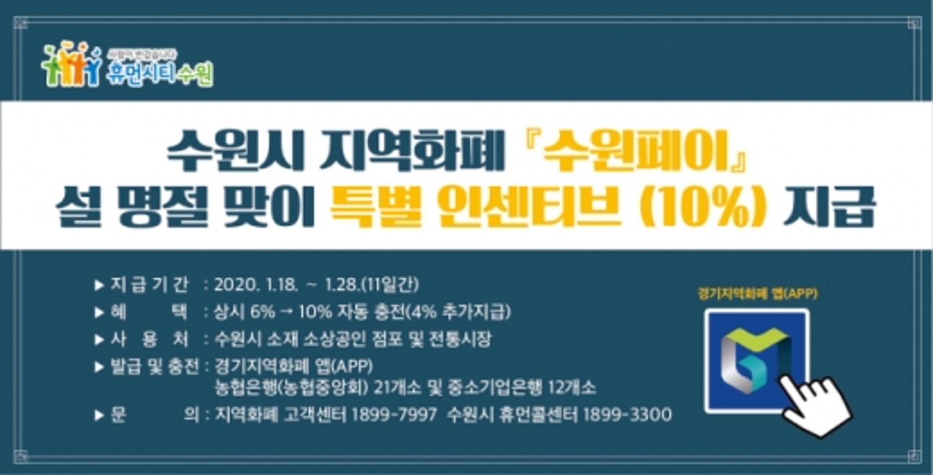 수원시, 18~28일 ‘수원페이’ 충전하면 10% 인센티브 지급