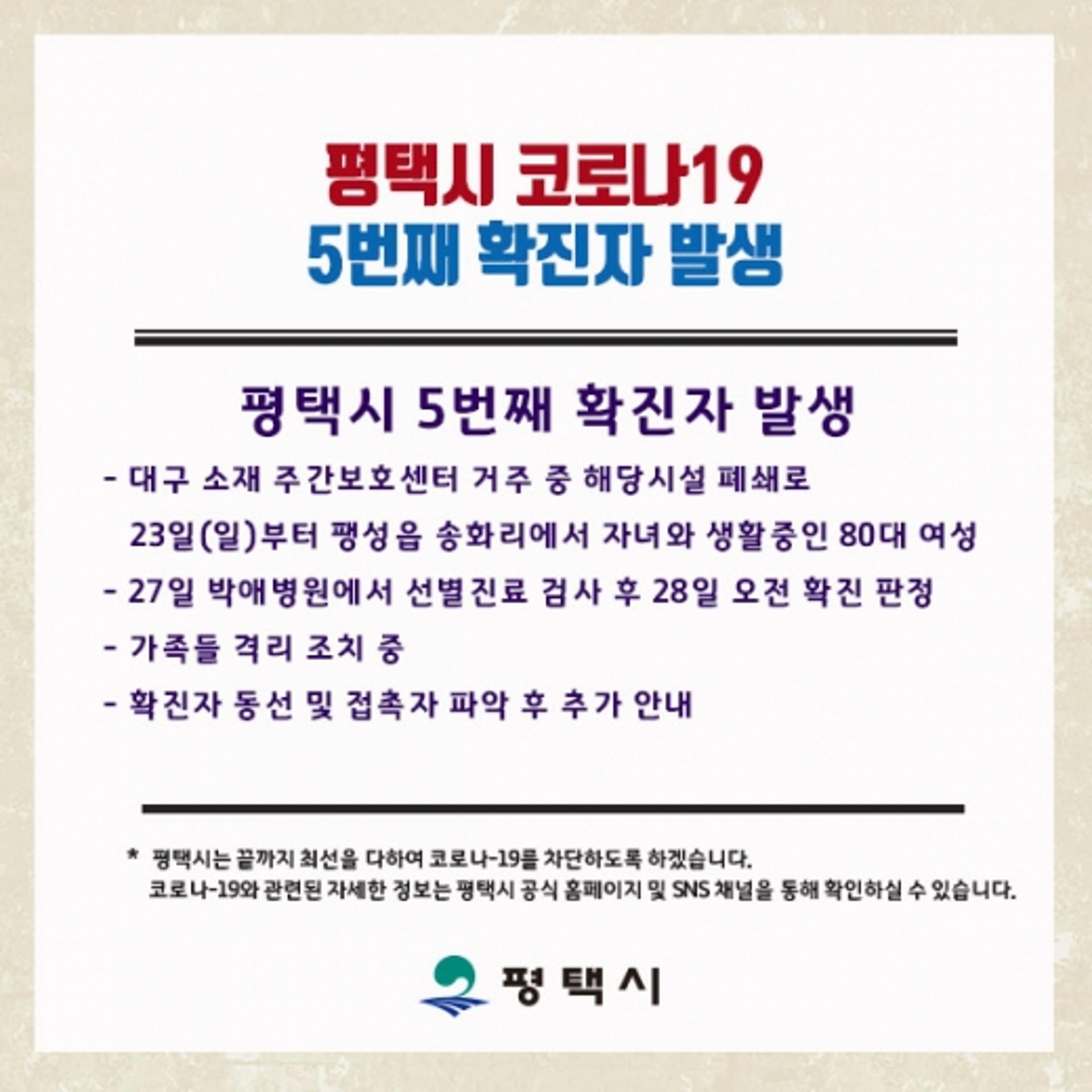 평택시, 5번째 코로나19 확진자 발생