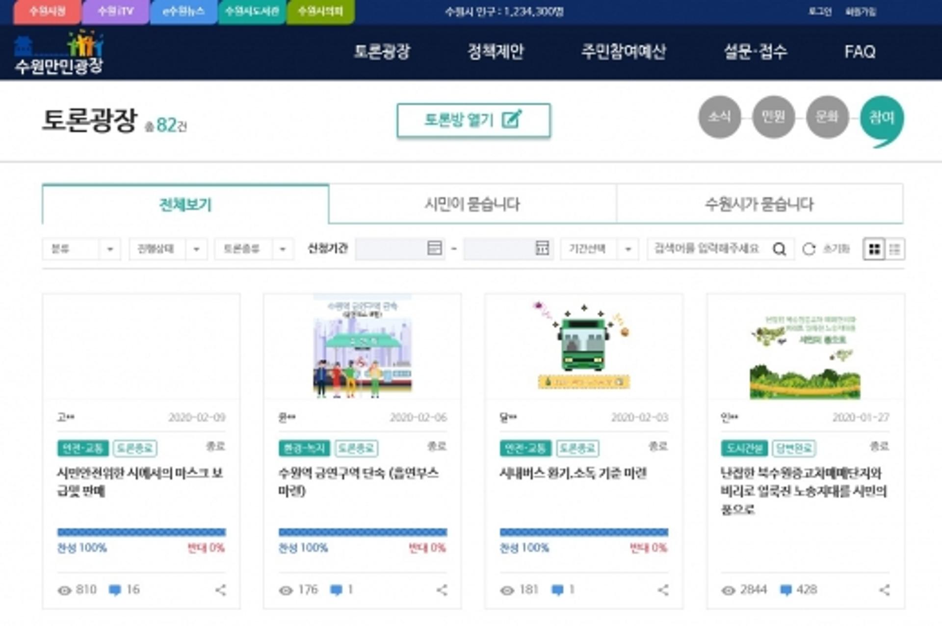 수원시 시민참여 온라인플랫폼 ‘수원만민광장’ 소통 활발