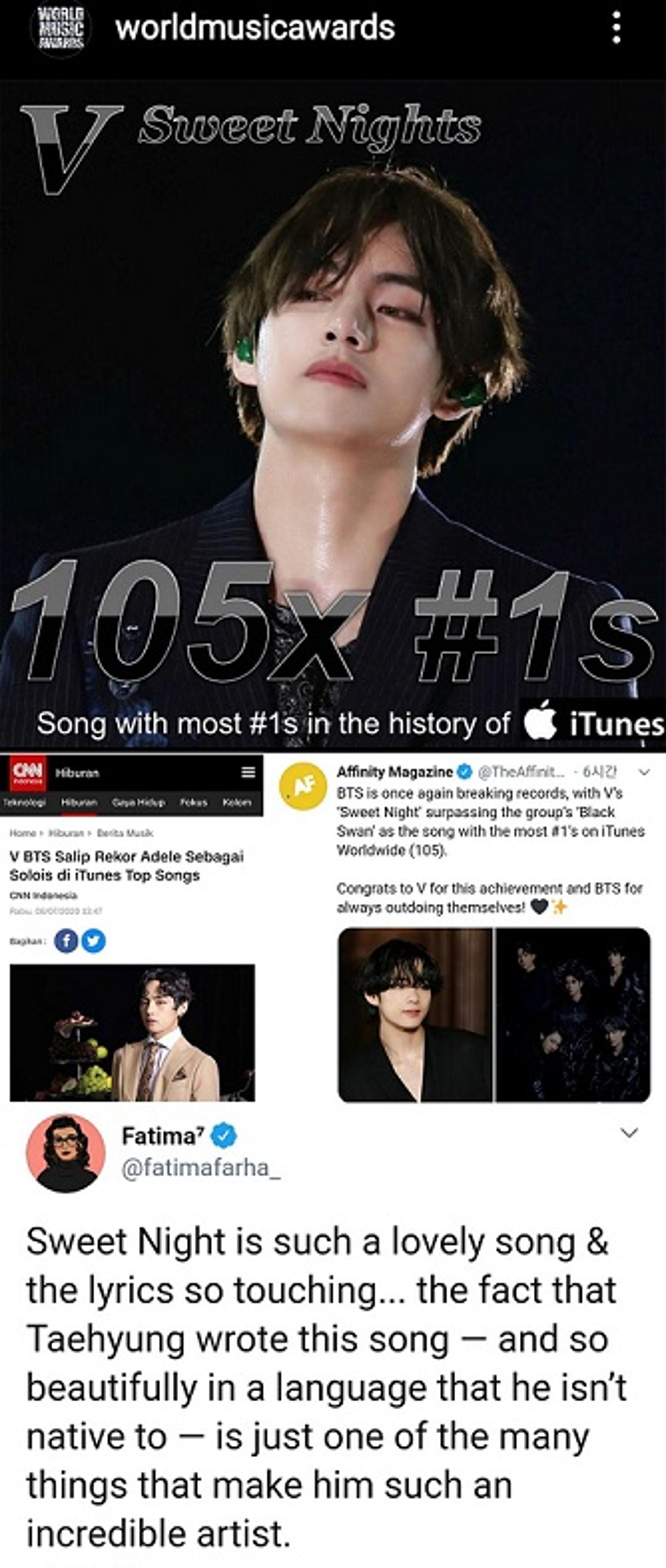 월드뮤직어워드, BTS 뷔 '105개국 1위' 아이튠즈 신기록 '엄지 척'