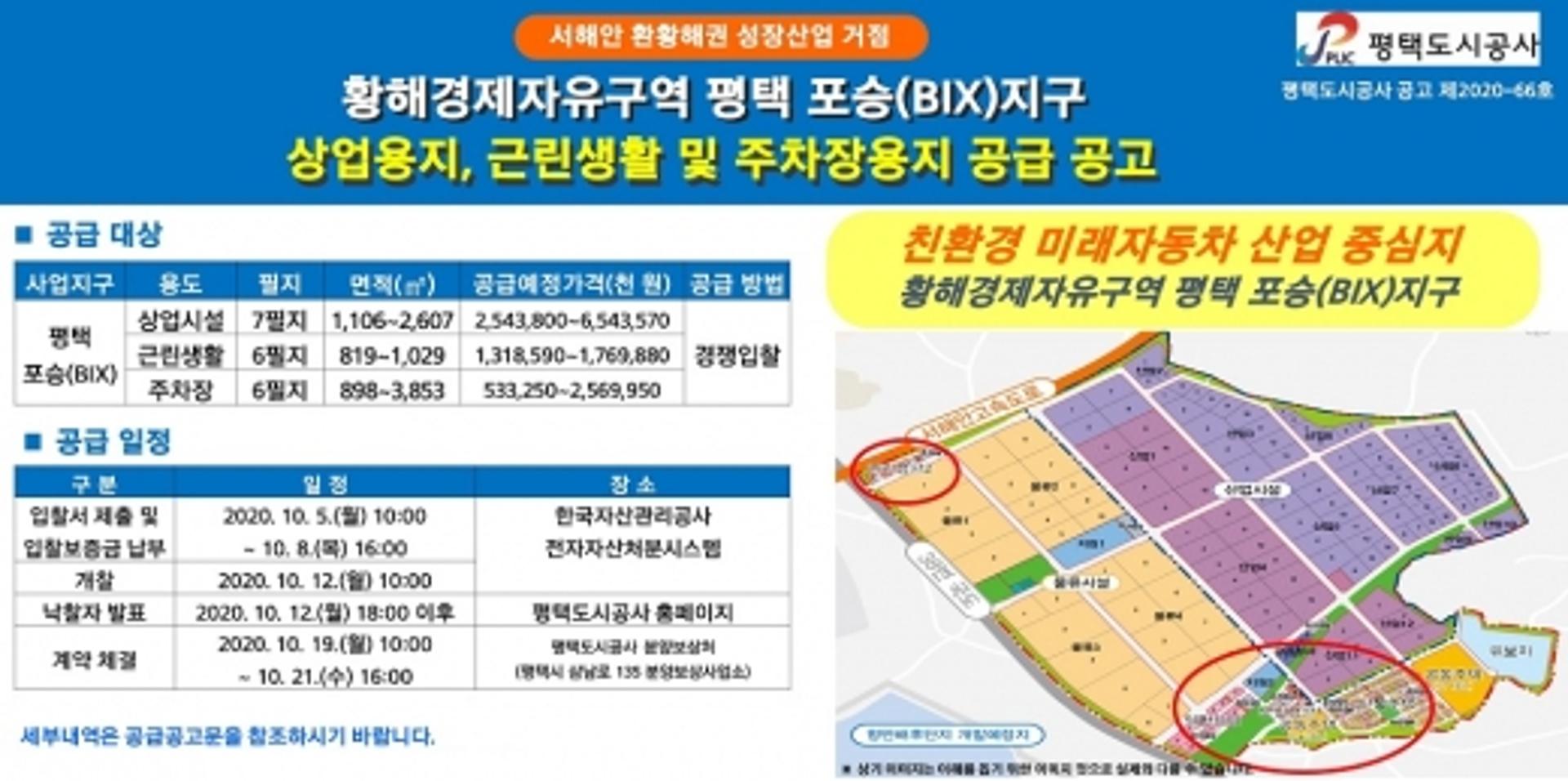 평택도시공사, 포승(BIX)지구 상업·근생·주차장용지 등 지원시설용지 공급