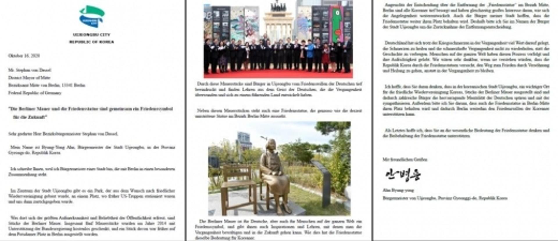 안병용 의정부시장, 베를린에 ‘평화의 소녀상’ 철거 철회 요청