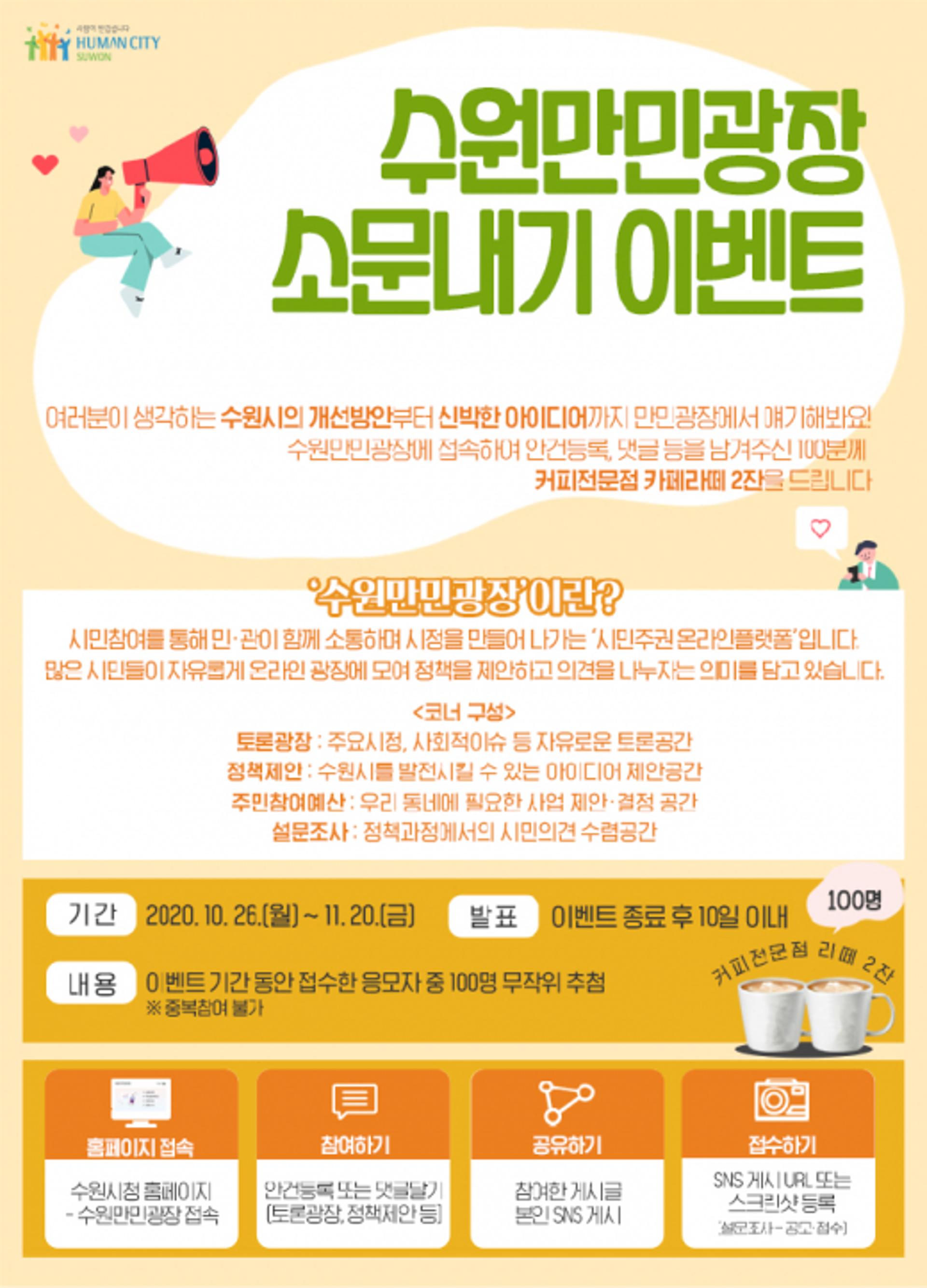 수원시, ‘수원만민광장 소문내기 이벤트’ 진행… 100명에게 모바일 상품권