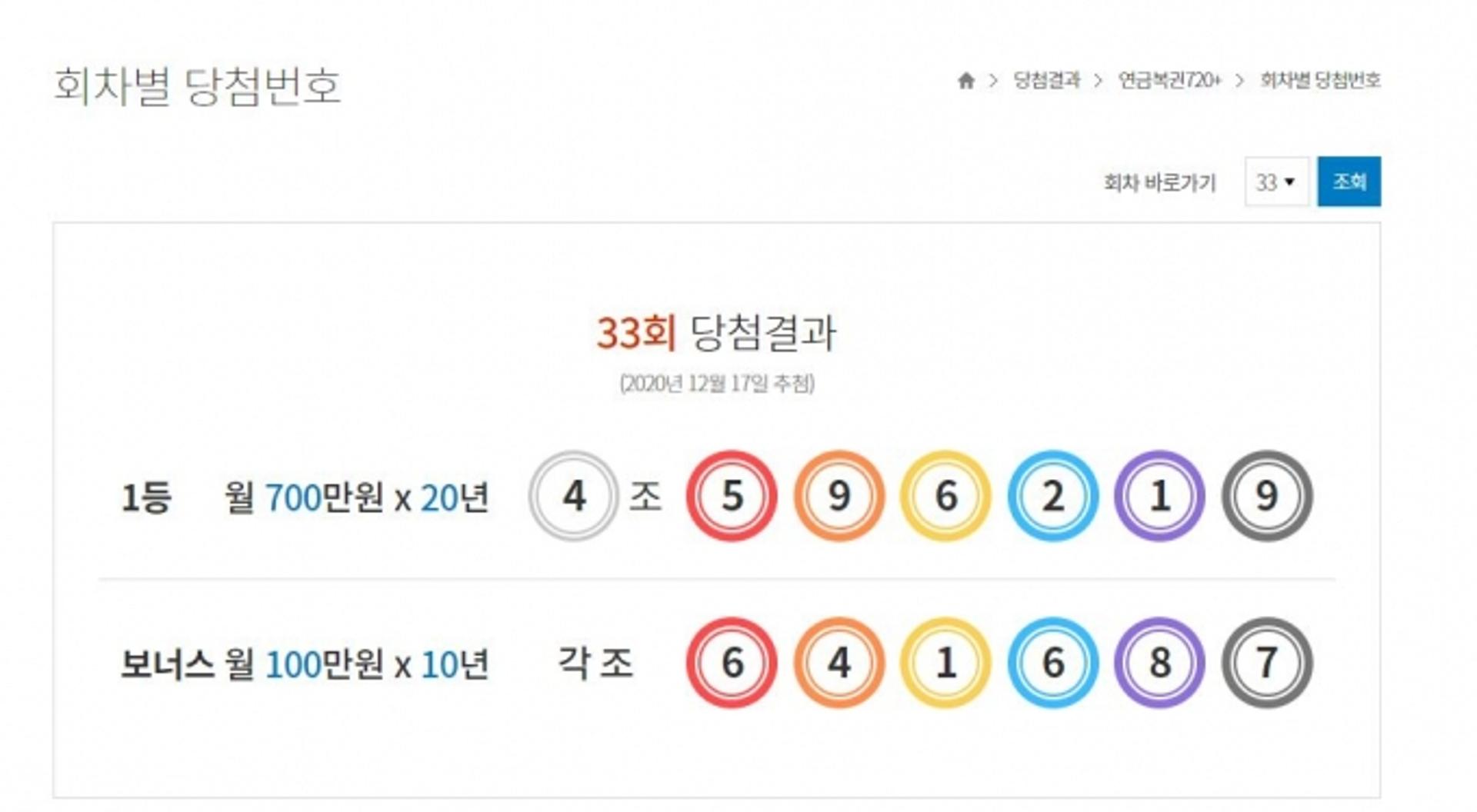연금복권 720 당첨확인, 33회차 1등 '4조 596219'