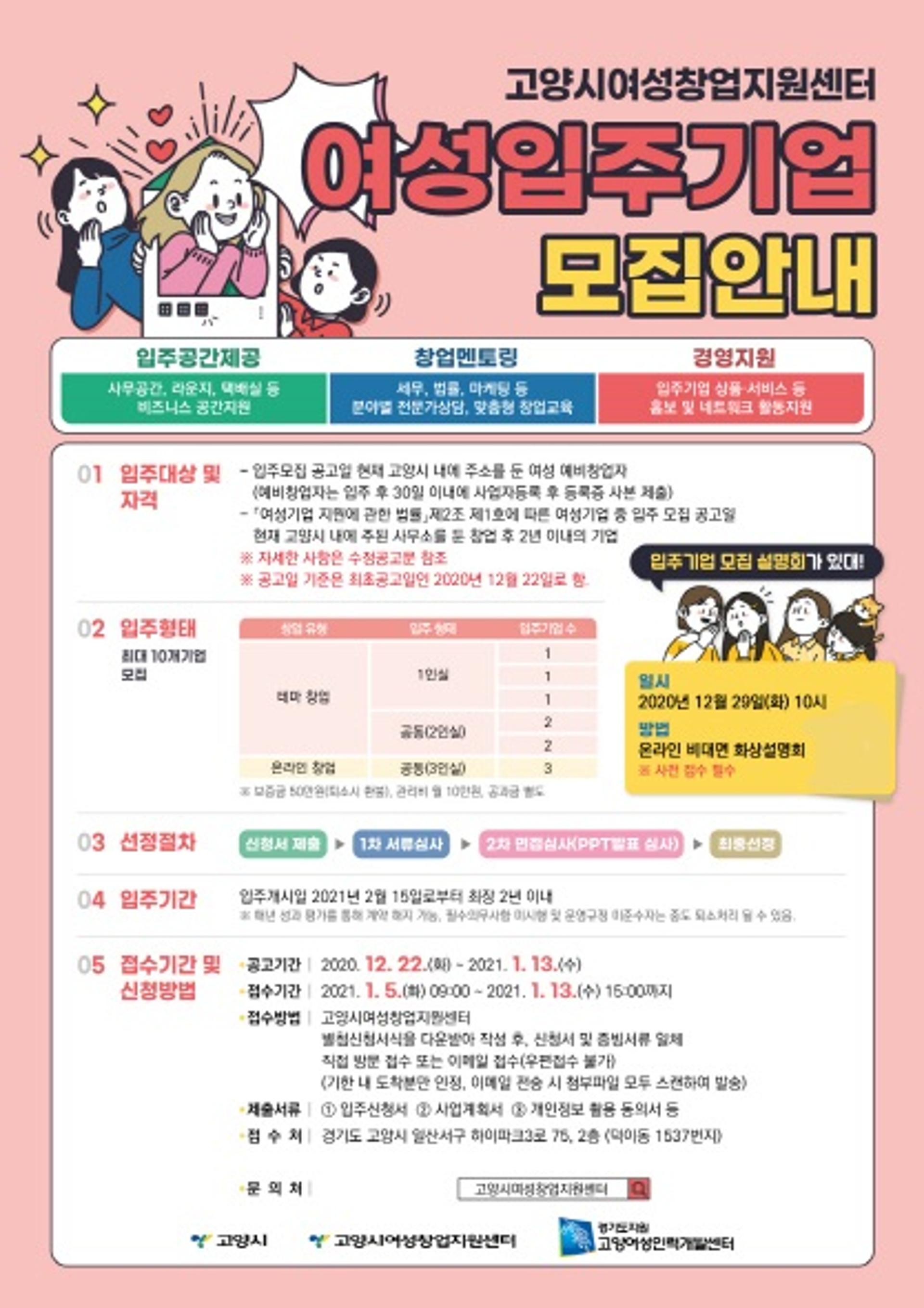 고양시여성창업지원센터, 6기 입주업체 모집