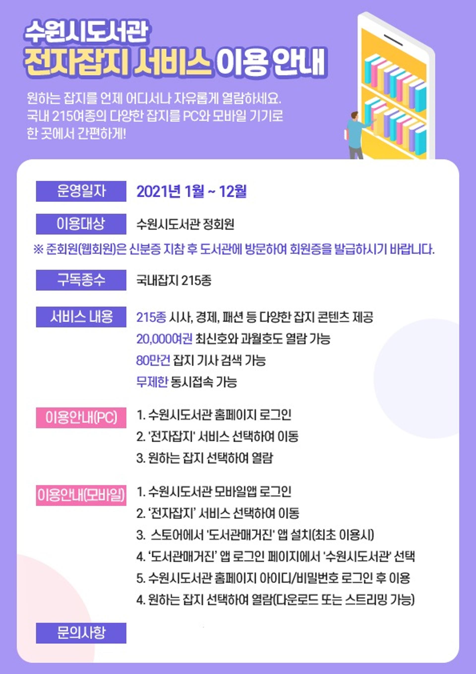 수원시도서관, 19일부터 홈페이지·앱으로 온라인 전자잡지 서비스 개시