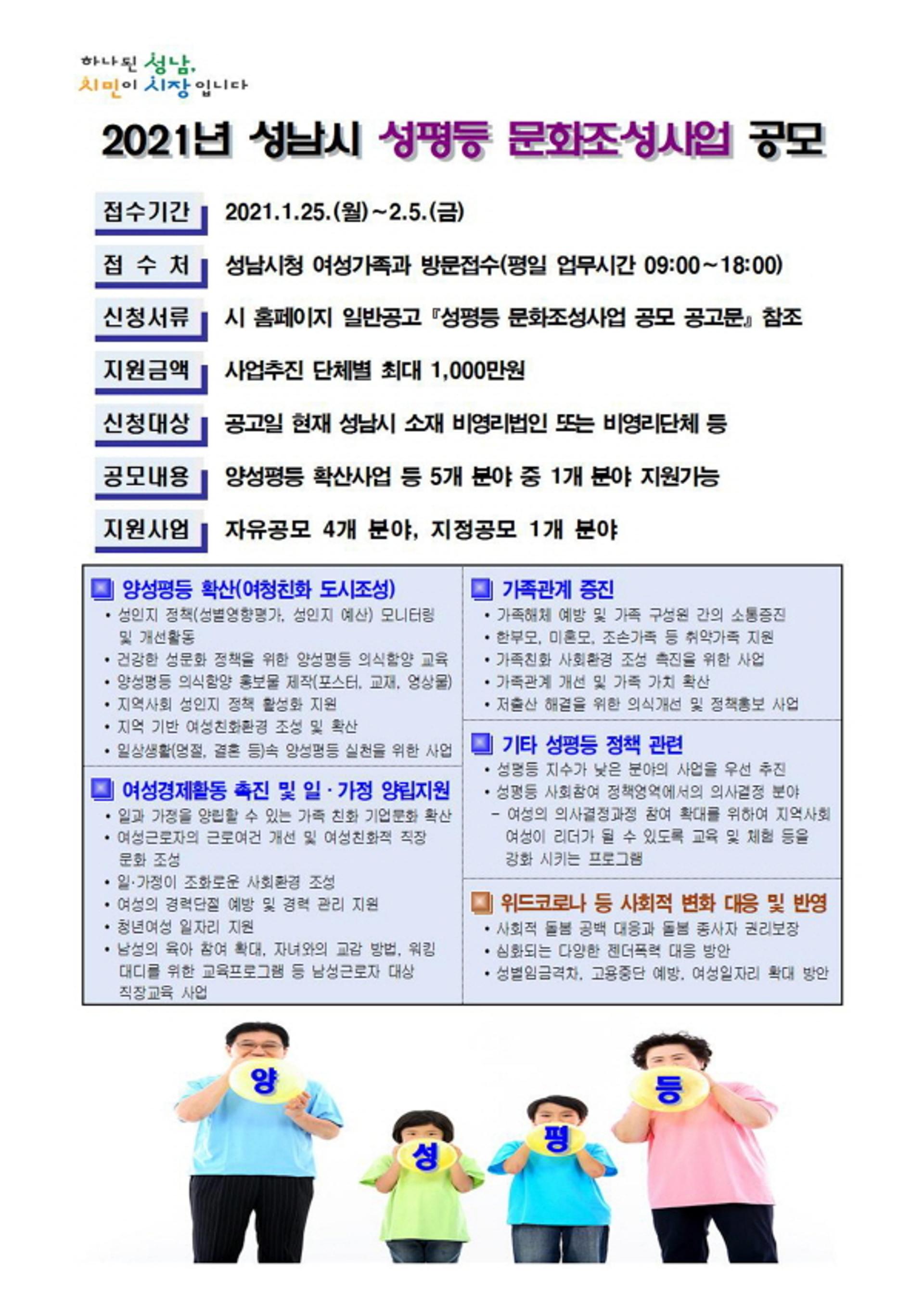 성남시 성평등 문화 조성사업 공모…최대 1000만원 지원