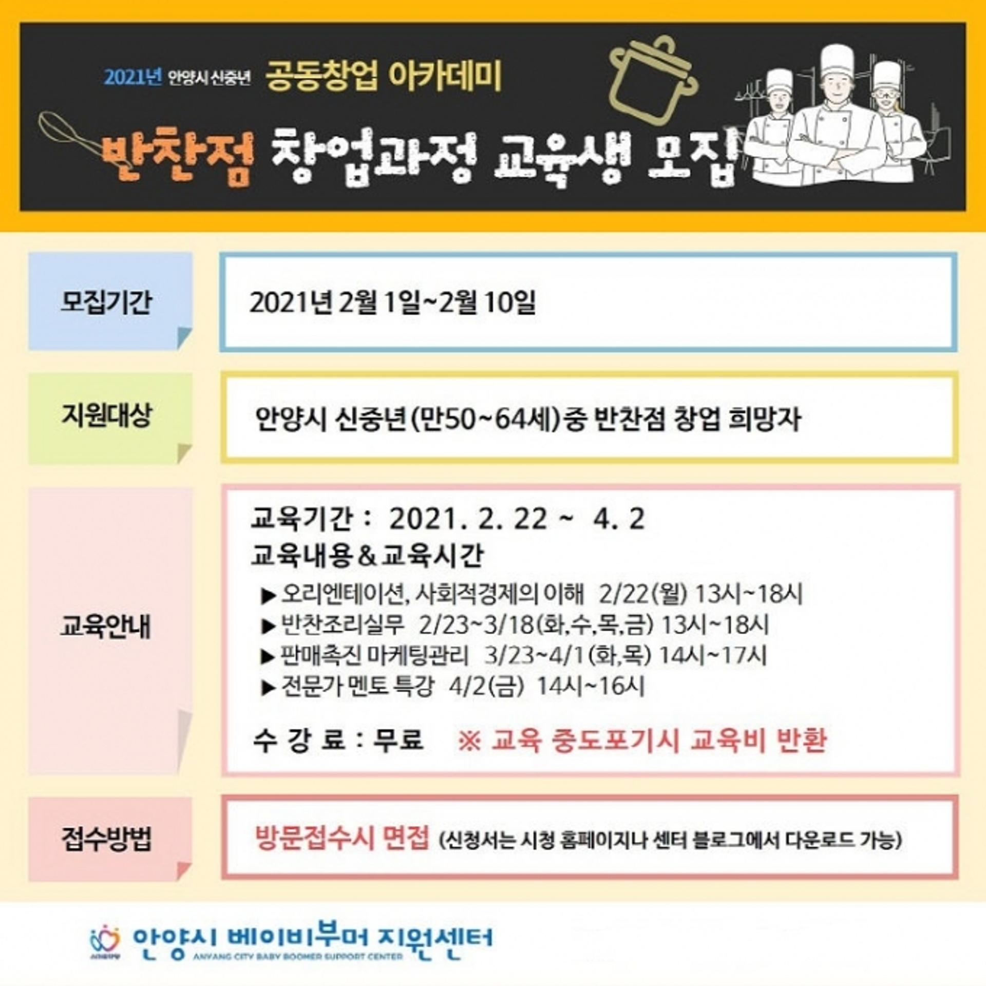 안양시, 반찬店 분야 신중년 공동창업 아카데미 개설