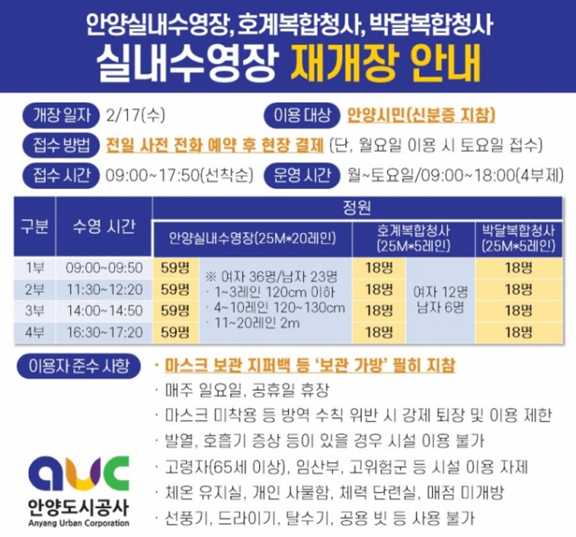 안양도시공사, 실내수영장 17일 운영재개