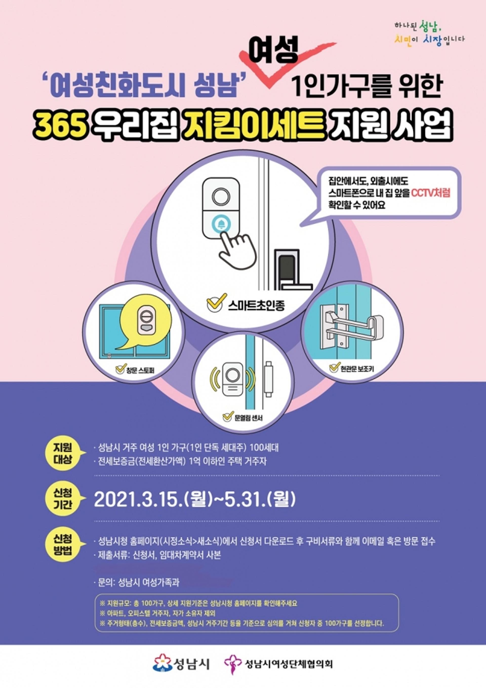 성남시 여성 1인 가구 '365 우리집 지킴이 4종 세트' 지원