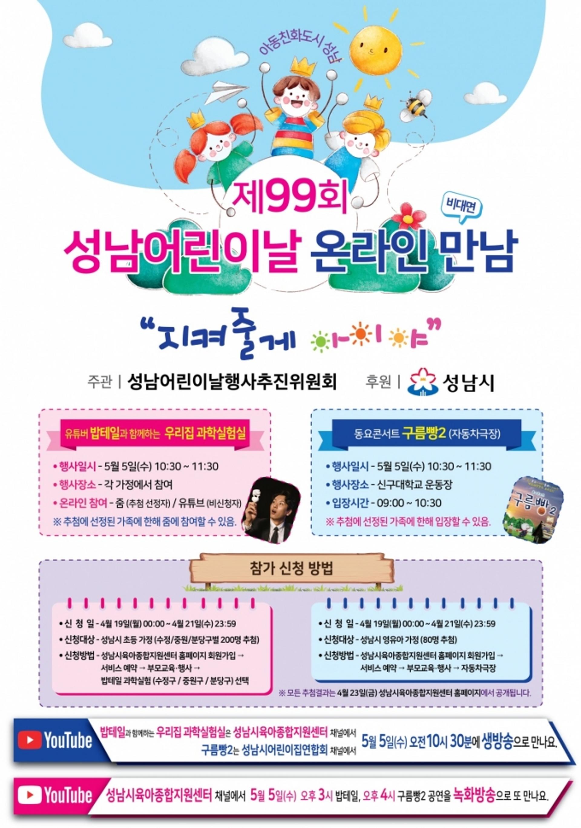 성남시, "어린이날 '과학실험실' '구름빵2' 온라인으로 만나요"