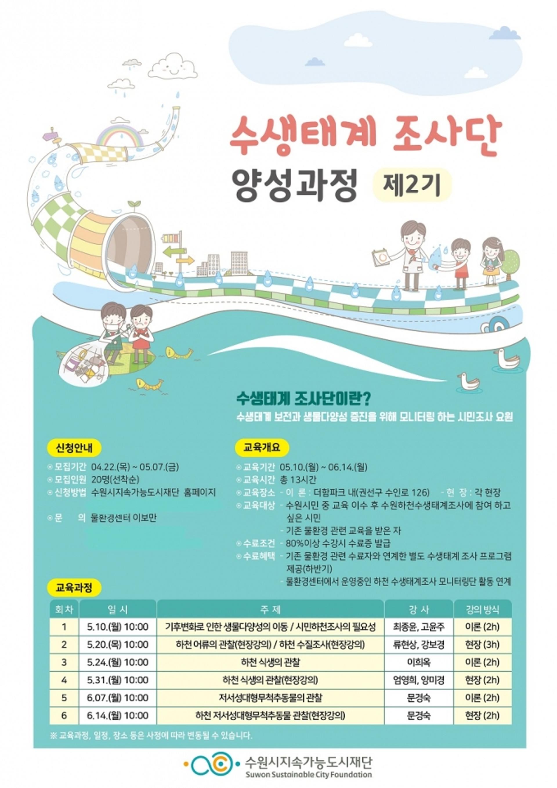 수원시지속가능도시재단, 수생태계 조사단 양성과정 2기 시민교육생 모집