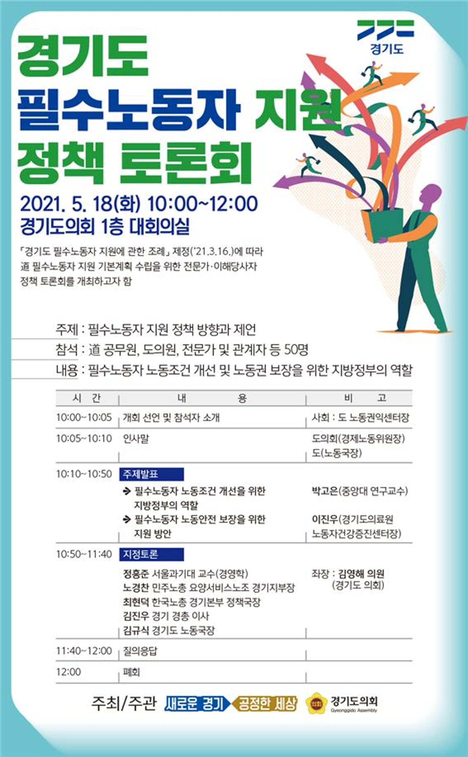 필수노동자 정책적 지원 나선 경기도… 18일 도의회와 정책 토론회 공동 개최