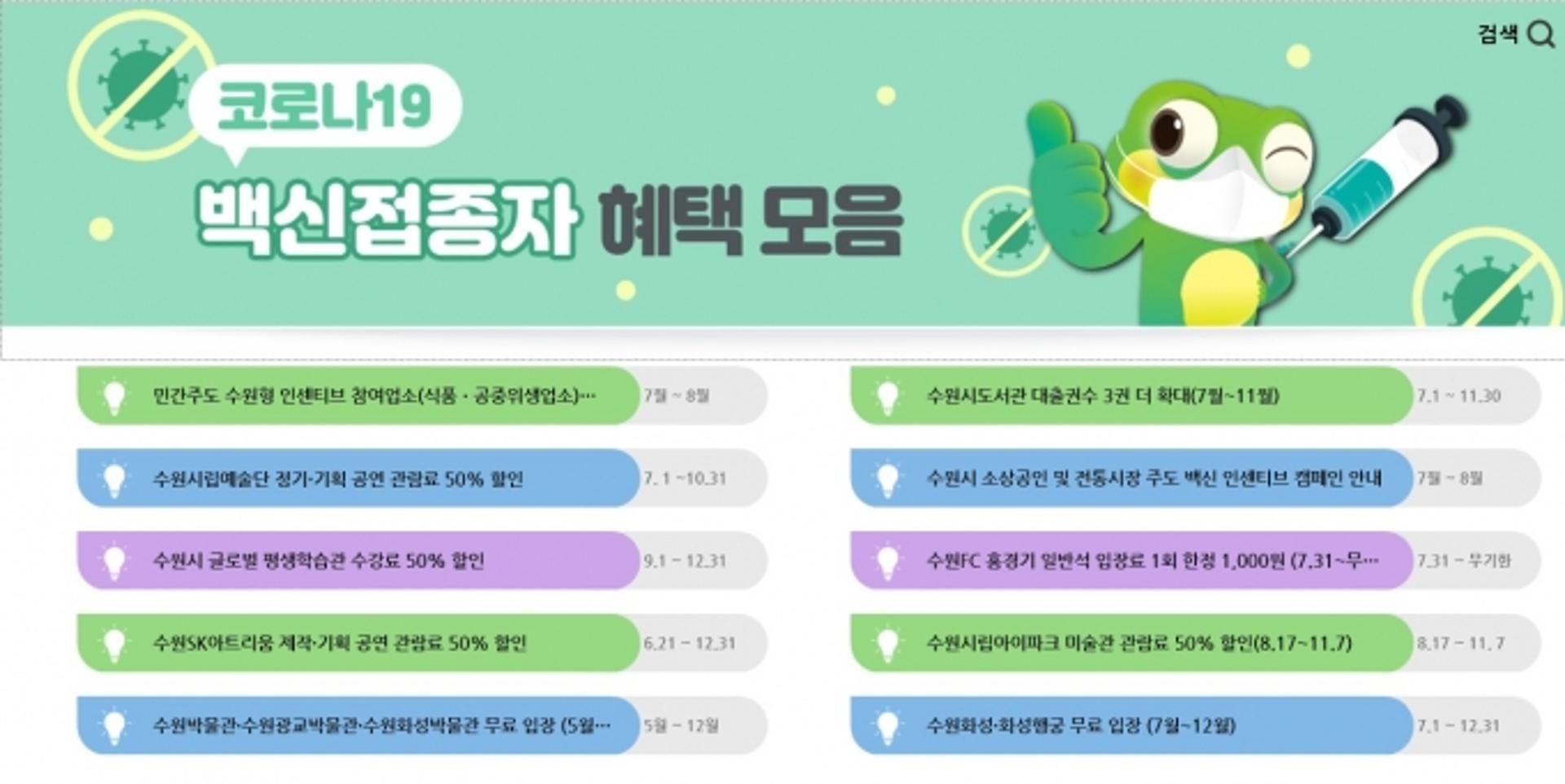수원시, 홈페이지에 ‘코로나19 백신접종자 혜택모음’ 게시판 개설