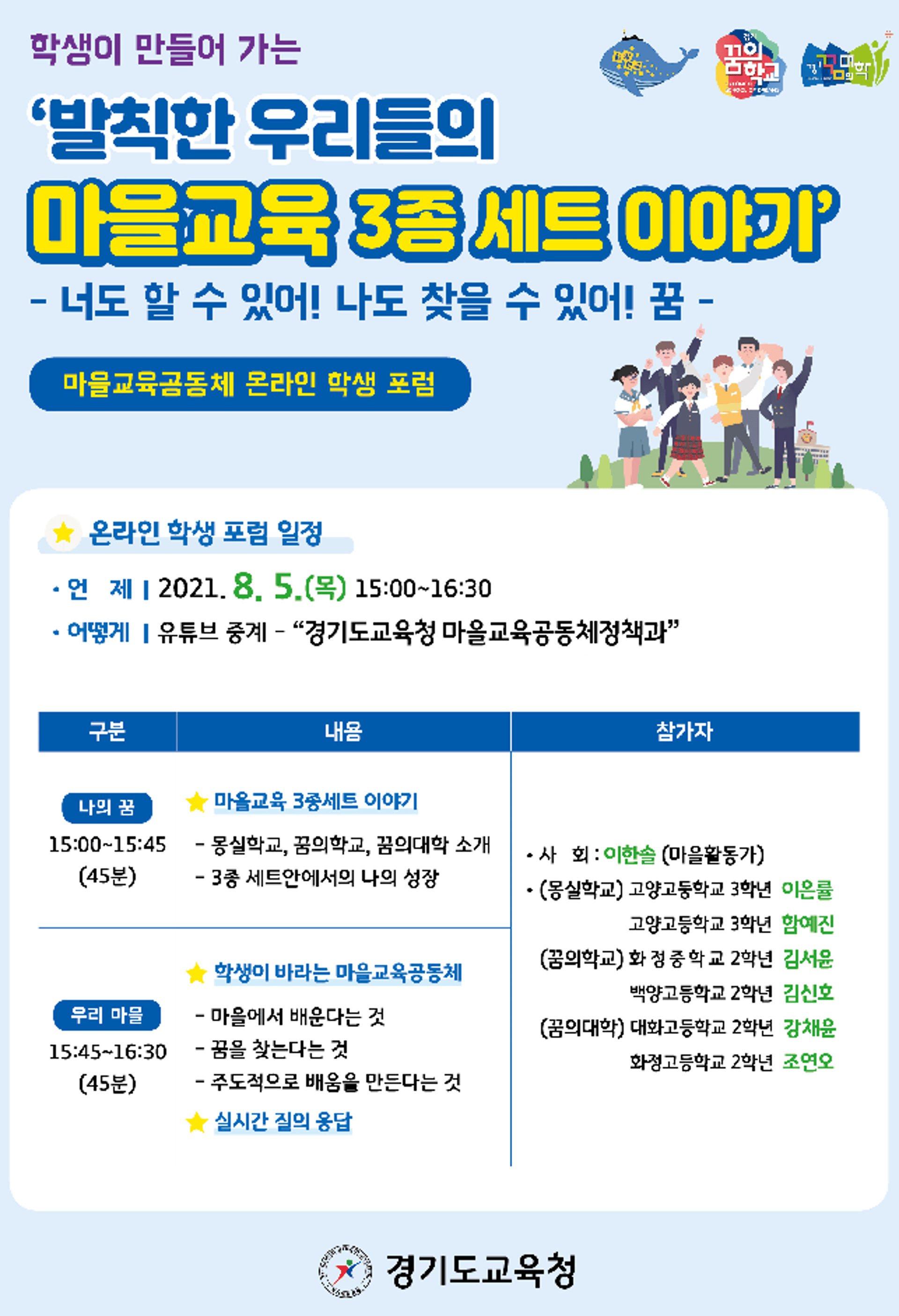 경기도교육청, '마을교육공동체 온라인 학생포럼' 열어…5일 오후3시부터