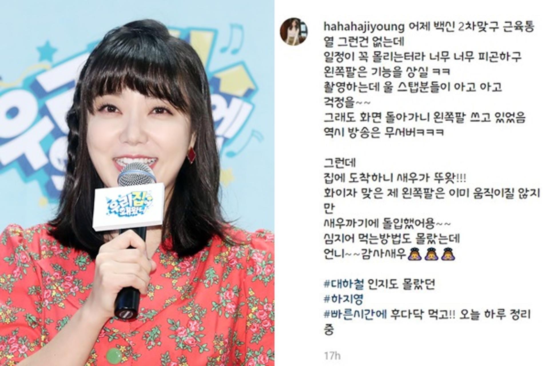하지영, 화이자 2차 접종 후 부작용…"왼팔기능 상실"