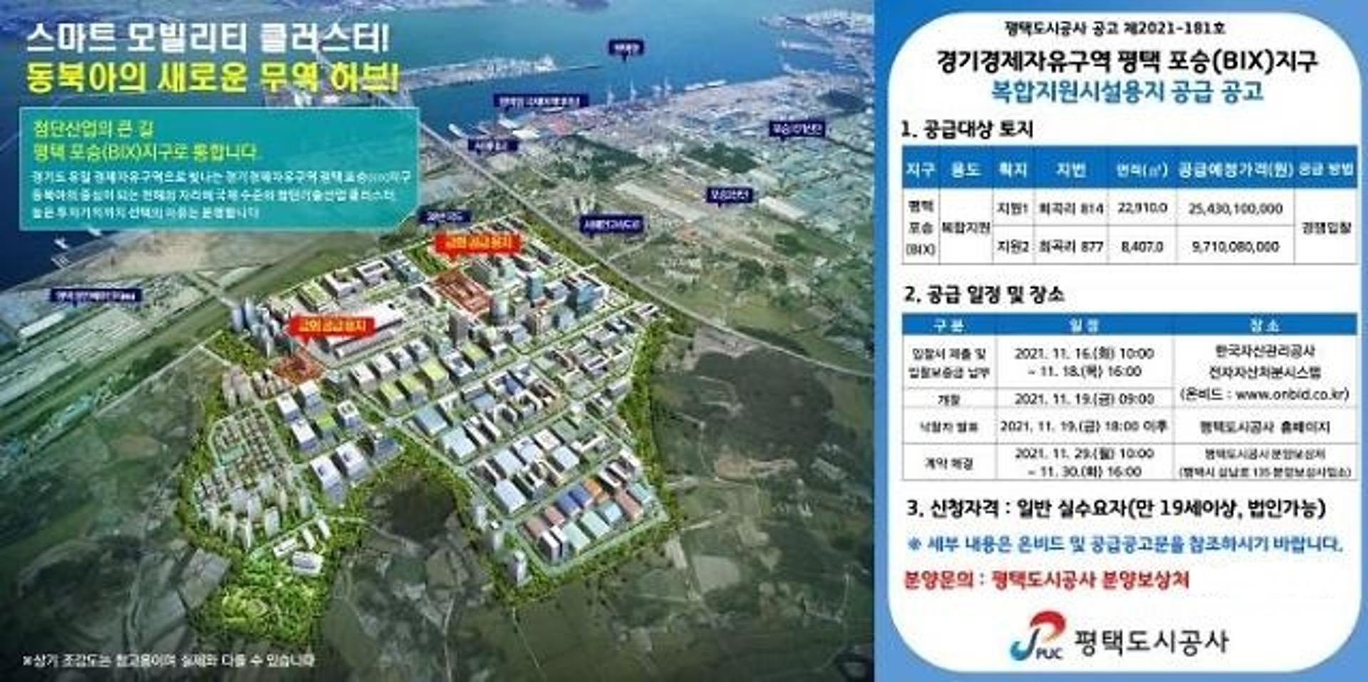 평택도시공사, 평택 포승(BIX)지구 복합지원시설용지 공급