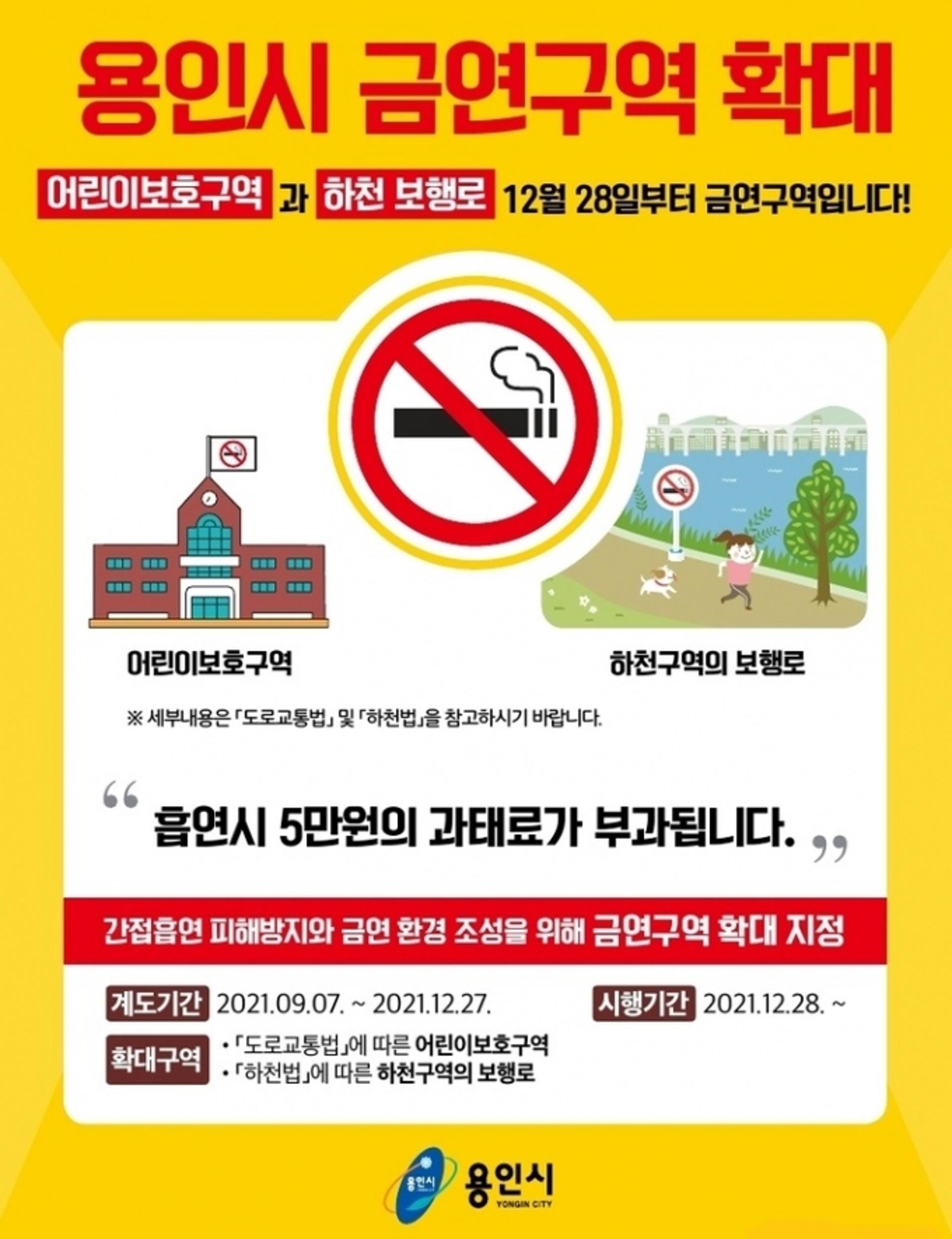 용인시, 어린이보호구역·하천보행로 금연구역 지정