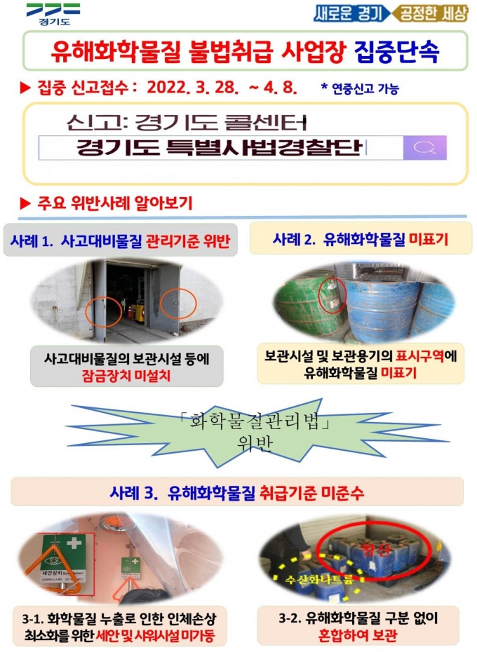 경기도 특사경, 유해화학물질 불법취급 사업장 집중 수사