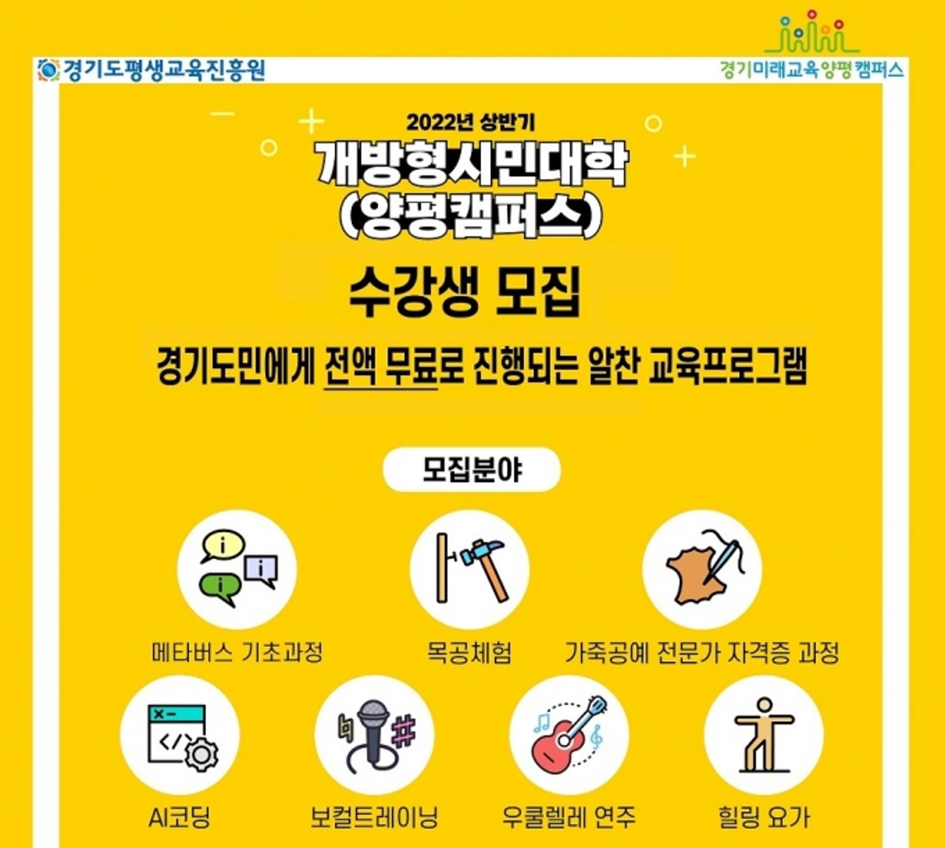 경기미래교육양평캠퍼스, '개방형시민대학' 참가자 110명 모집