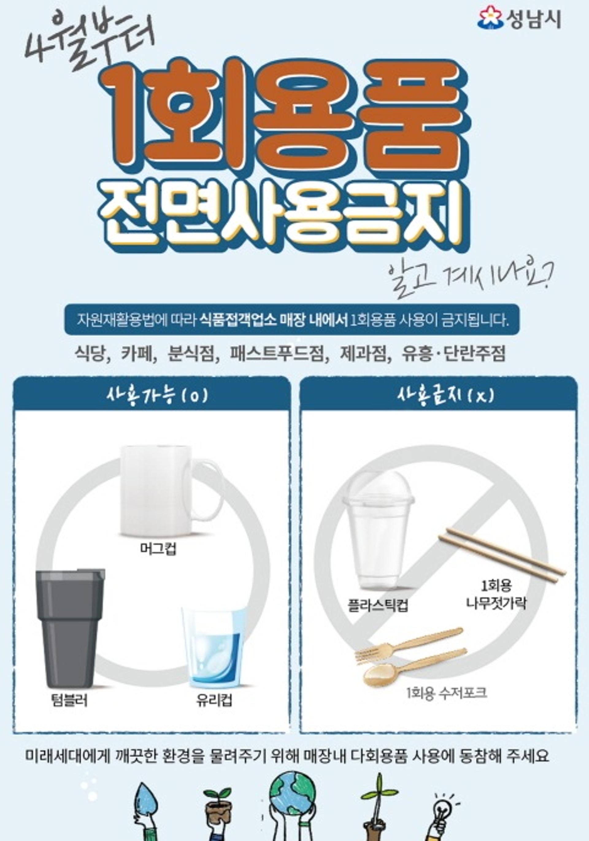 성남시, 카페·식당 등 1만3000곳 4월부터 1회용품 사용 금지
