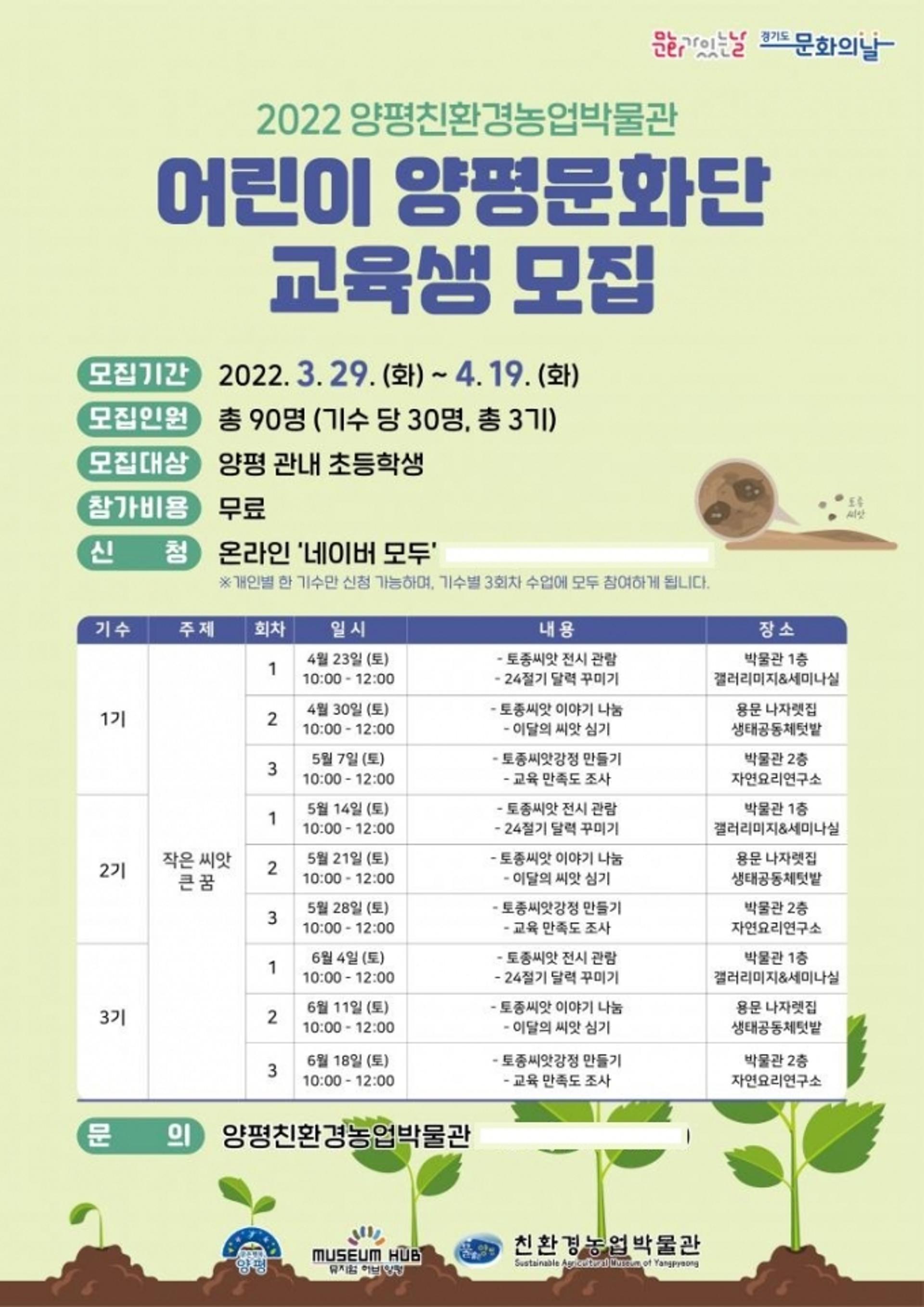 양평군 친환경농업박물관, 2022년 어린이 양평문화단 교육 사업 추진