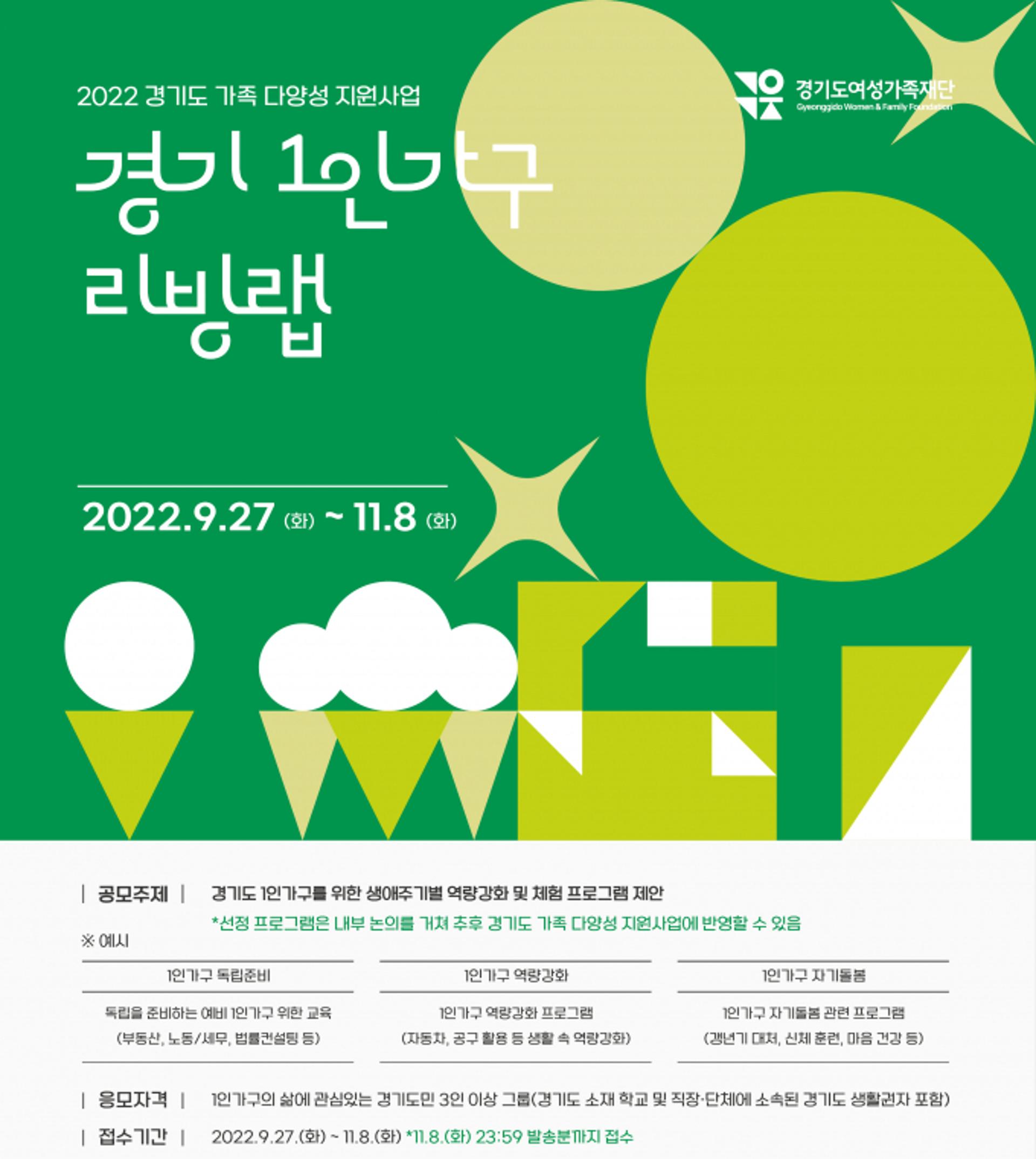 경기도 여성가족재단, '1인가구 리빙랩' 공모전 개최