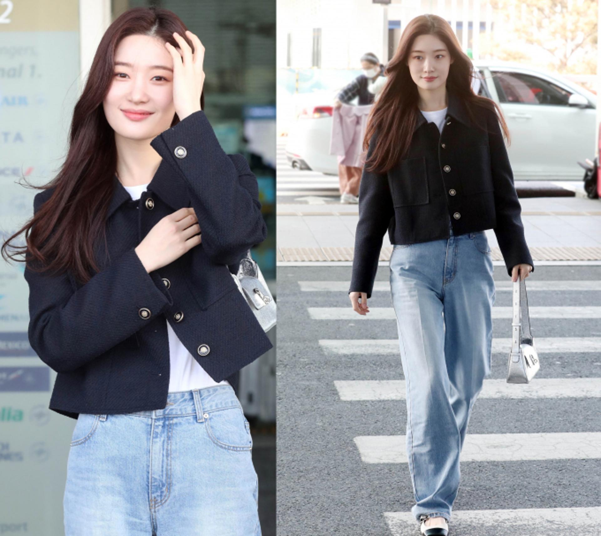 정채연, 트위드 재킷+청바지 봄 공항룩…'흩날리는 청순미'