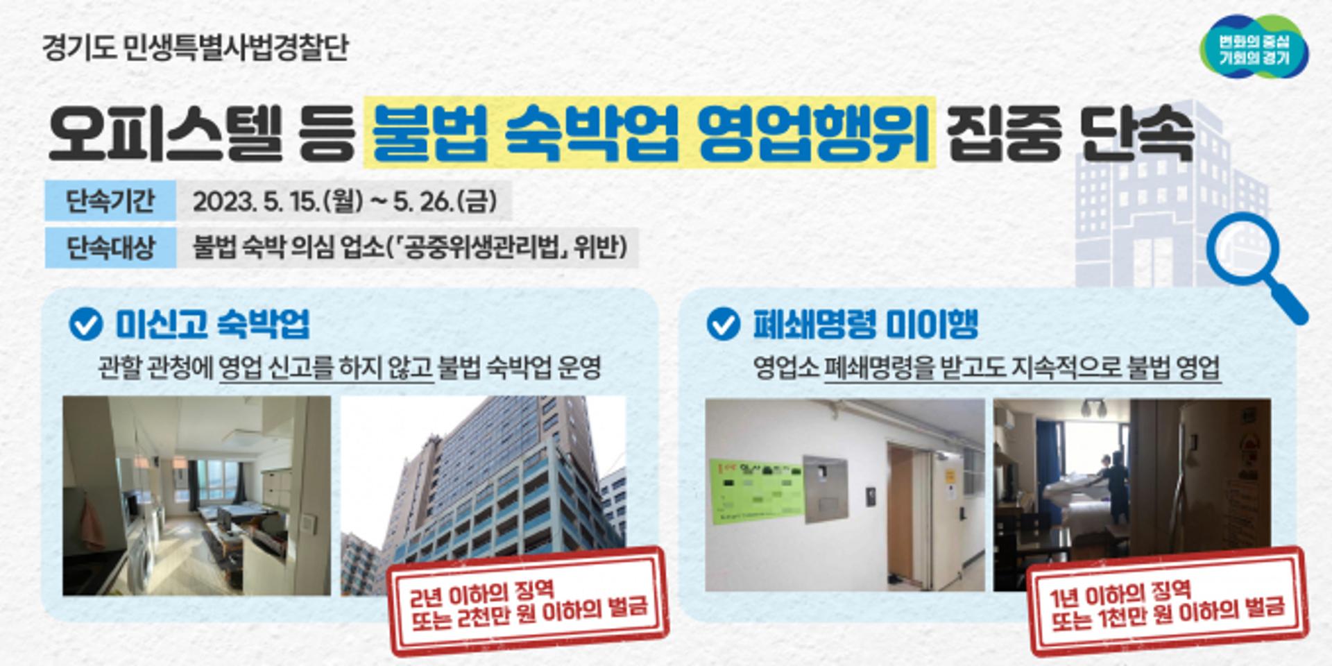 경기도 특사경, 오피스텔 등 불법 숙박영업 행위 집중 단속