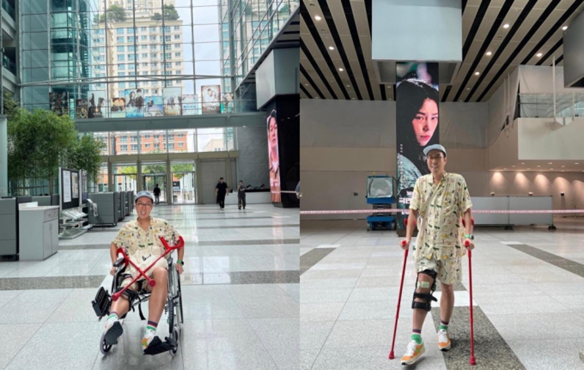 '연골파열' 김영철 근황… 목발+휠체어까지?