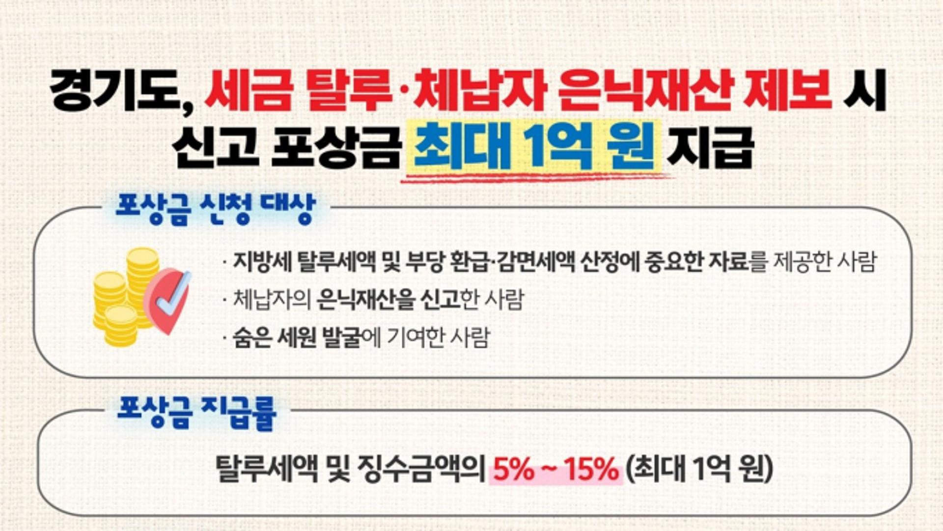 경기도, 신고포상금 최대 1억 원 지급
