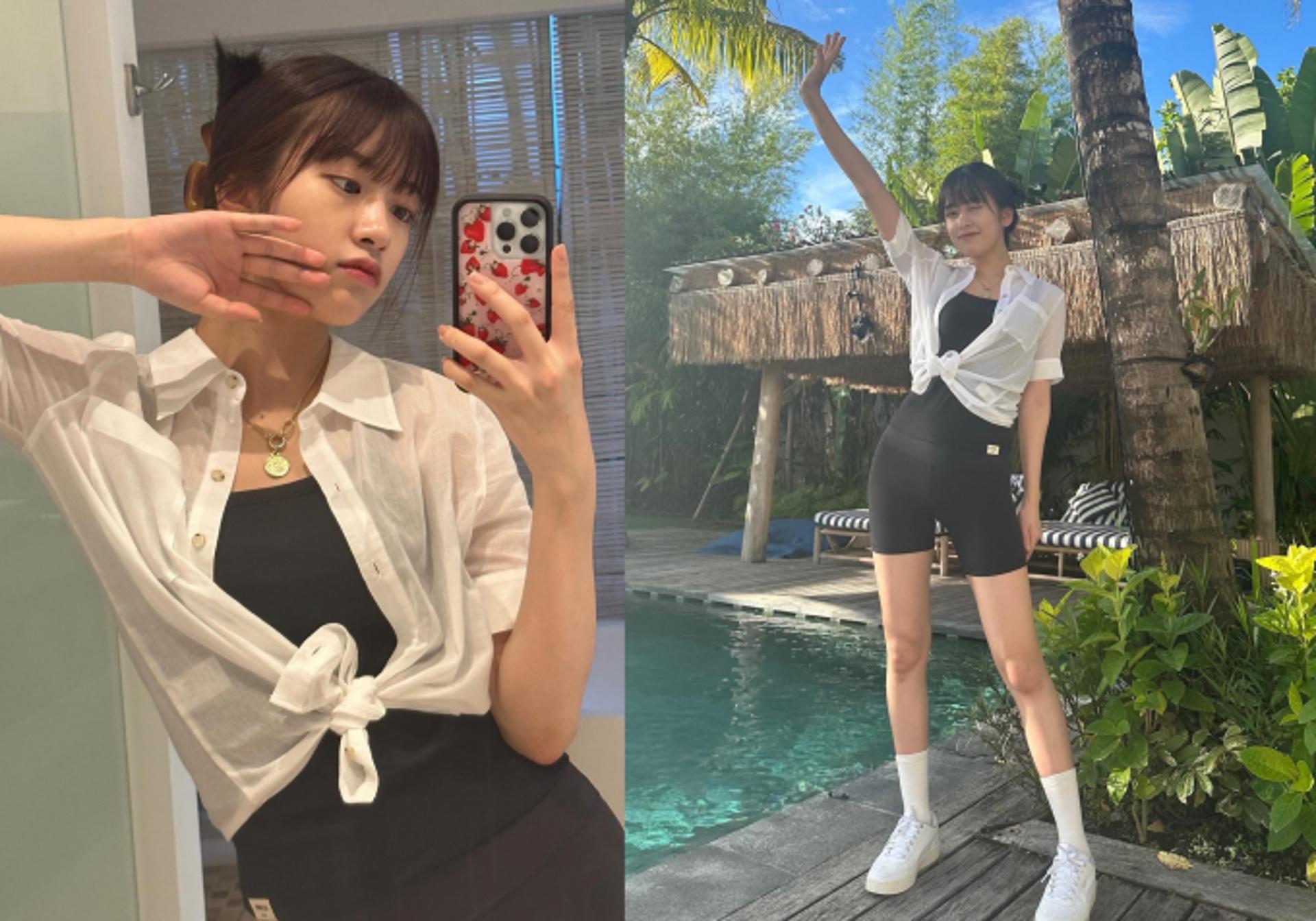안유진, 바이커 쇼츠에 시스루 셔츠 살짝~ 청순 스포티룩