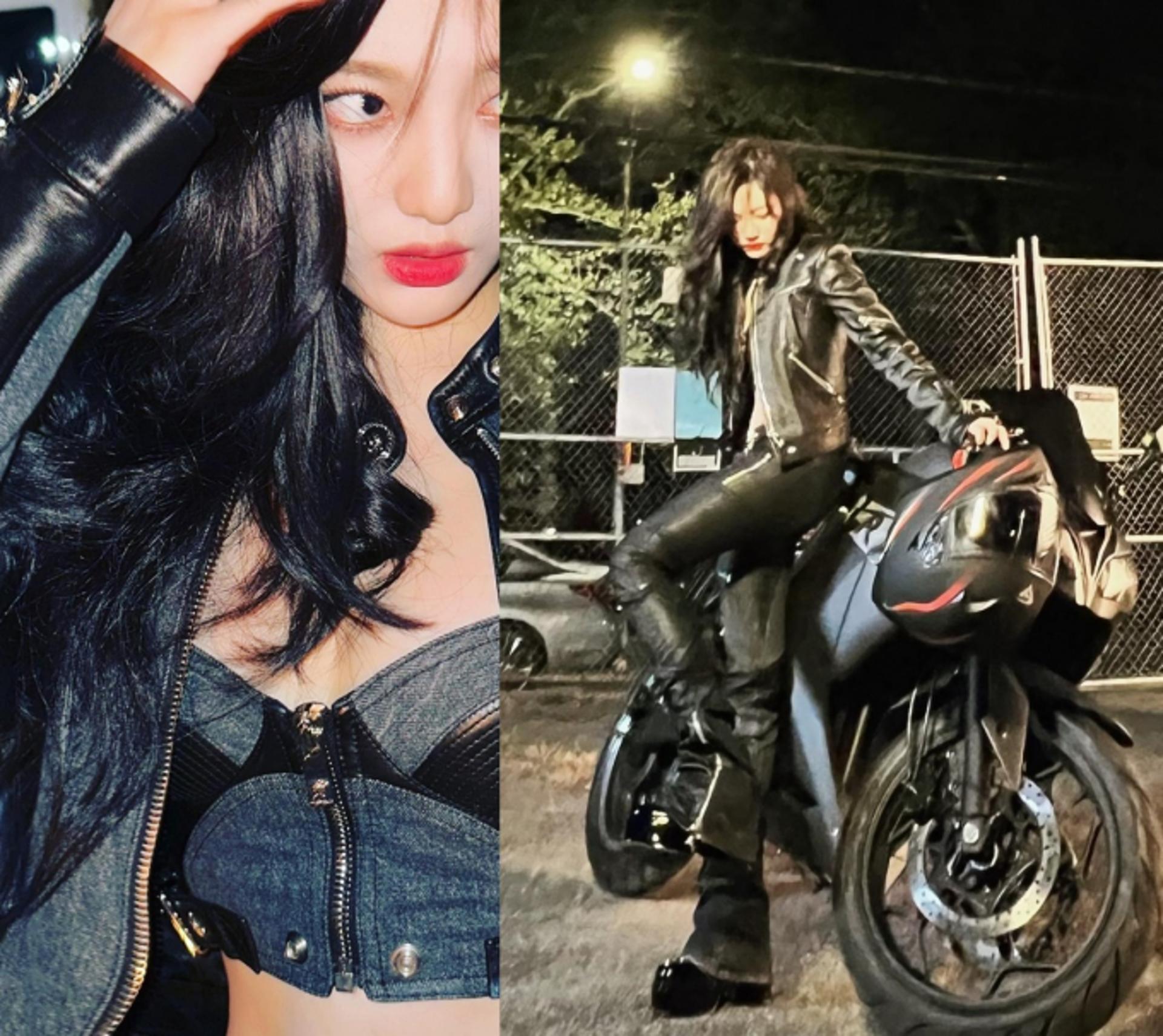 에스파 닝닝, 레드립+초밀착 바이크룩…걸크러시 매력