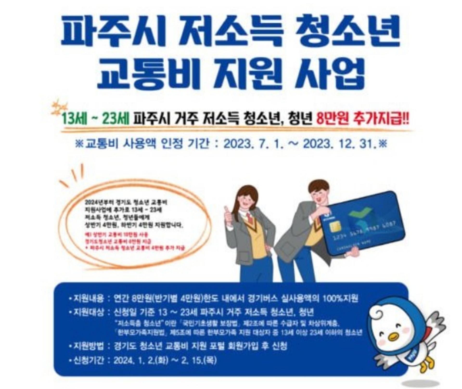 파주시, 저소득 청소년에 교통비 연간 8만원 추가지원