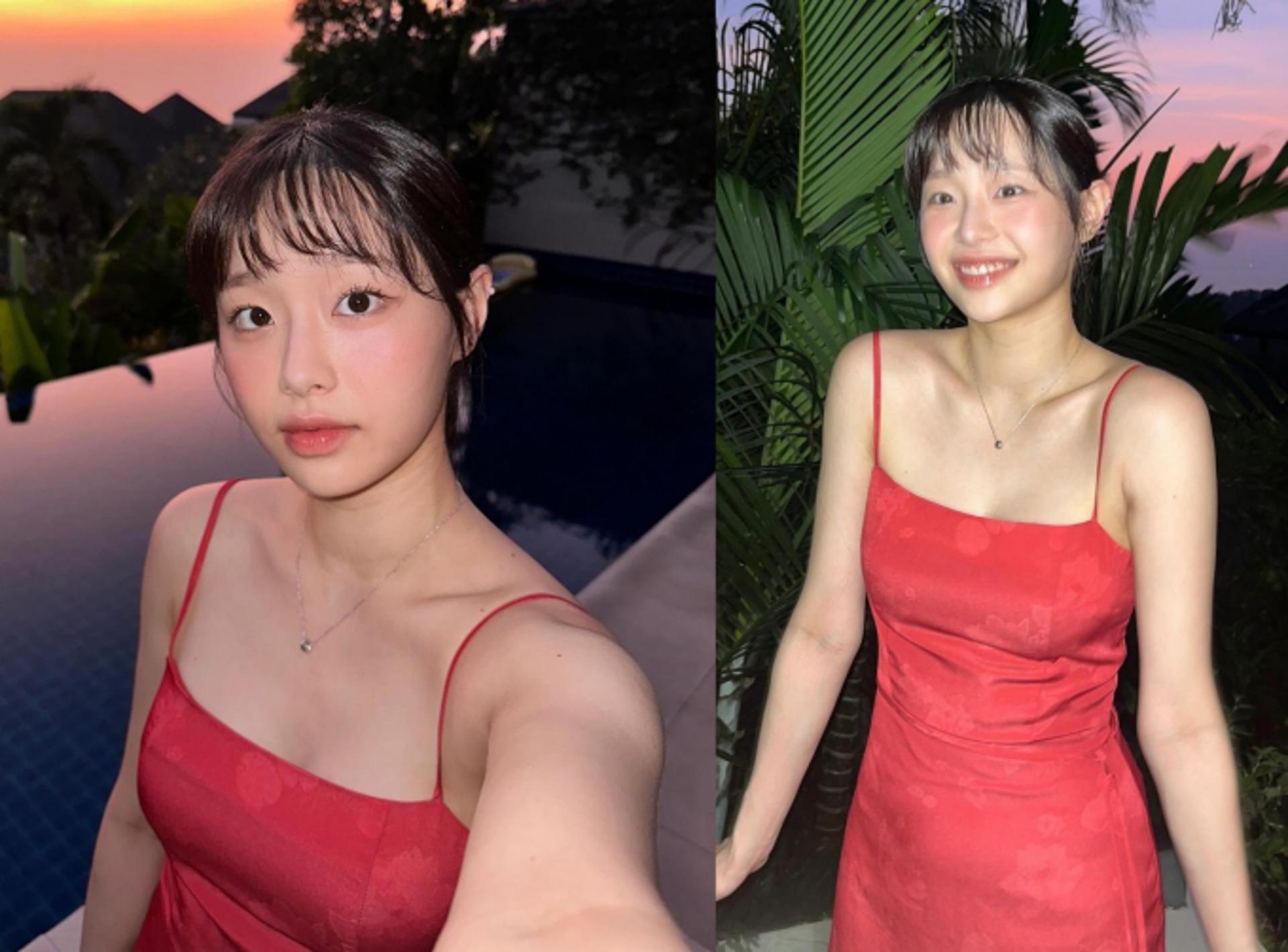 츄, 석양보다 빛나는 빨간 슬립 드레스 자태