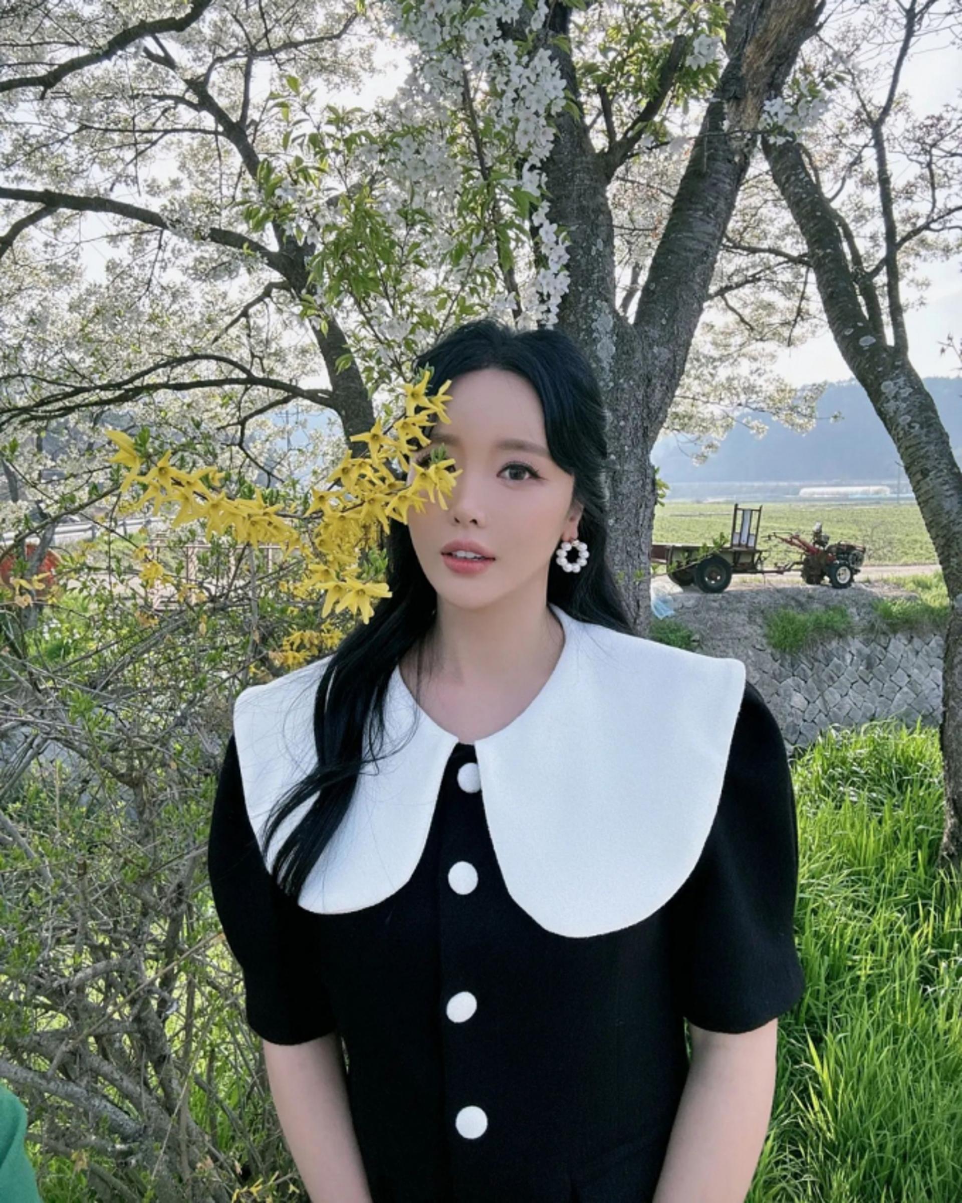 홍진영, 복고풍 원피스 입고 꽃구경…청순 인형 미모