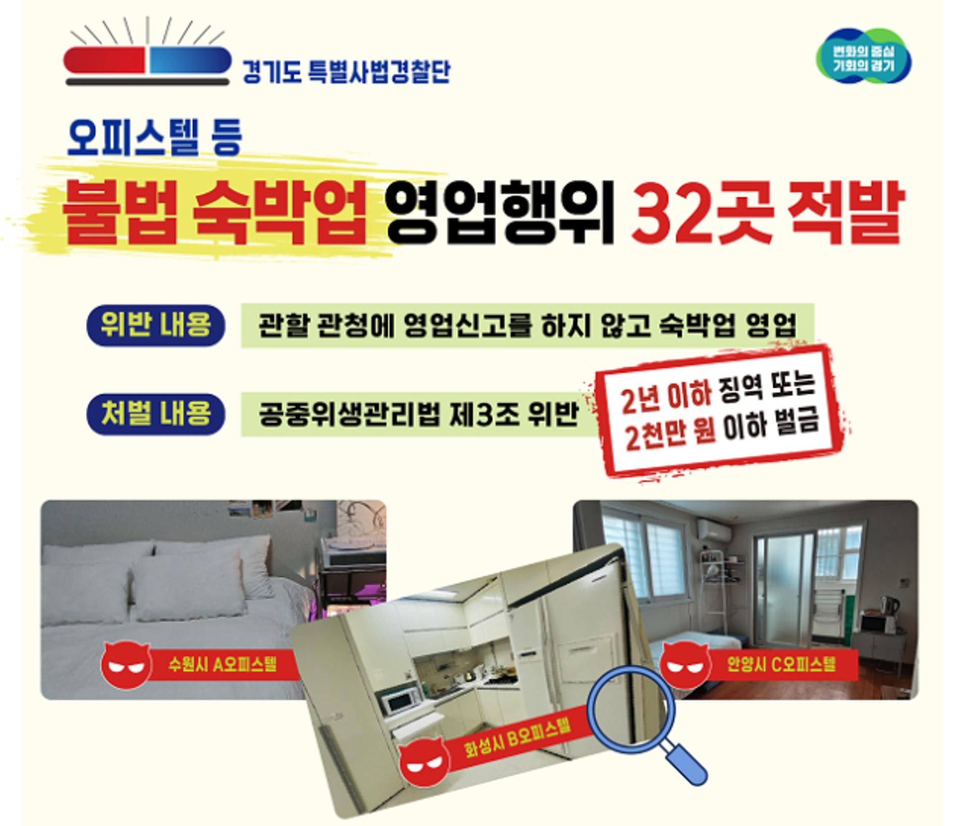 경기 특사경, 불법 숙박업소 32곳 적발