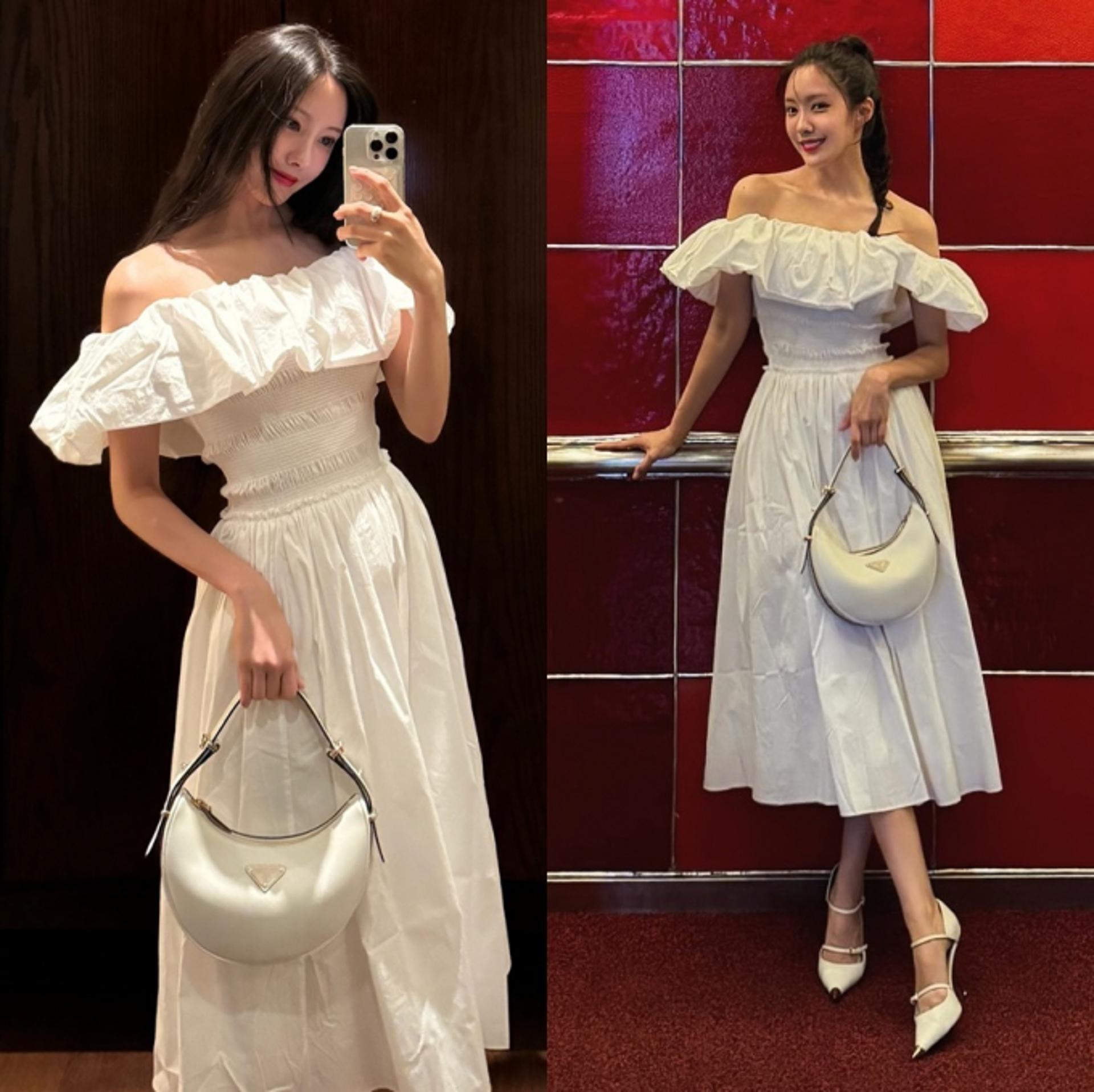 효민, 상하이 빛낸 화이트 오프숄더 드레스 룩