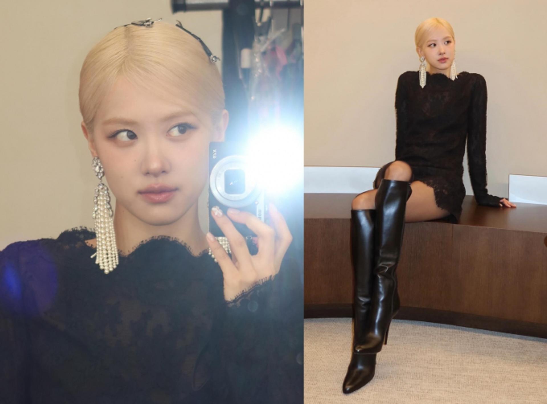 블랙핑크 로제, 샹들리에 귀걸이로 화려함 더한 블랙룩