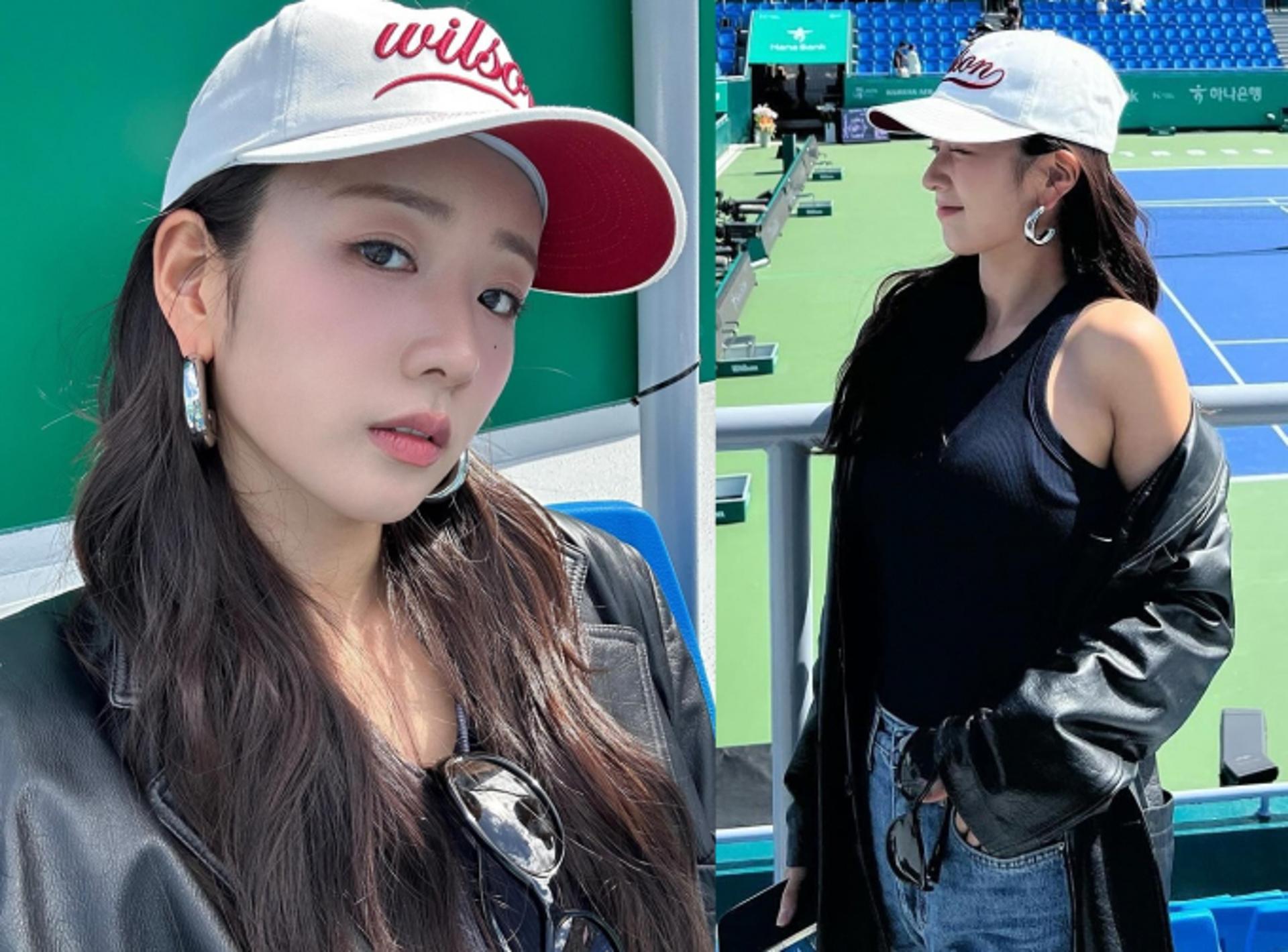 윤보미, 민소매에 가죽재킷 툭…센스 있는 간절기 스타일링